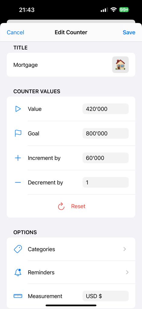 Counter App - Click Tracker - Edit counter screen in the app showing mortgage tracking with value goal and currency settings