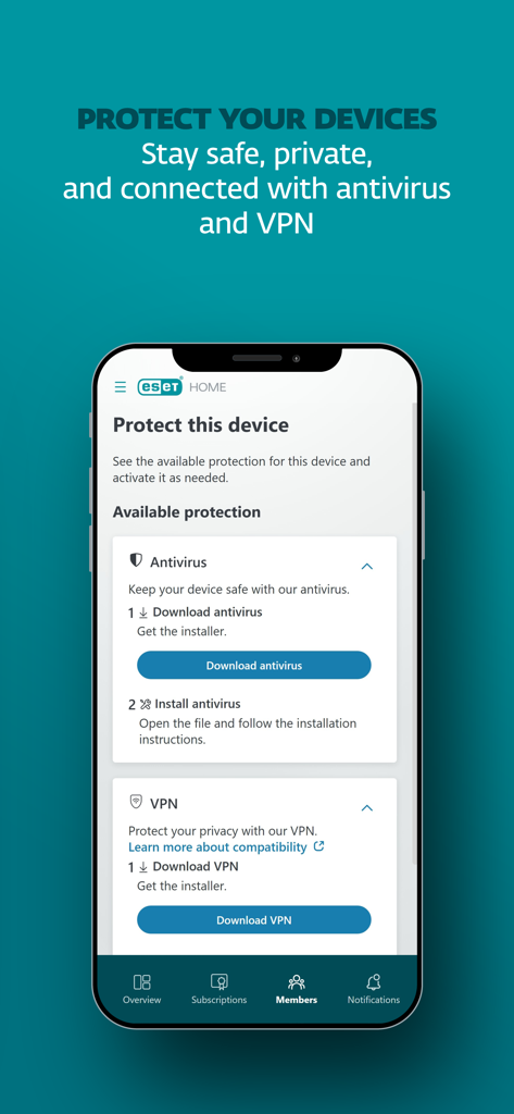 Pantalla de la app móvil ESET HOME para descargar protección antivirus y VPN