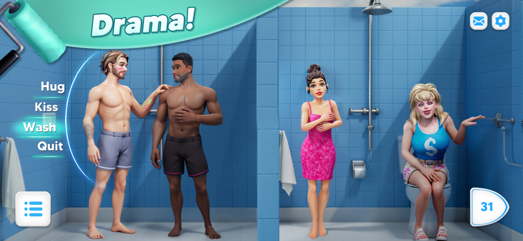 Modern Community - Modern Community game characters in a bathroom with interactive story choices and drama text