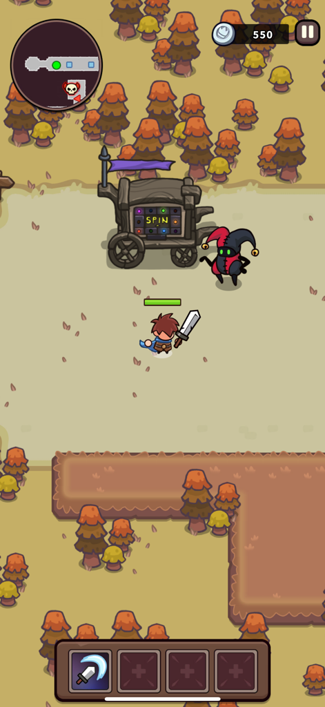 Loot and Boot mobile game screen showing a hero character near a jester NPC and a loot wagon in a forest.