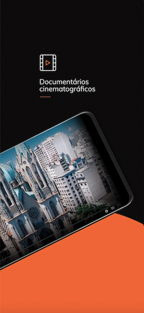Uma tela de smartphone exibindo documentários cinematográficos de alta qualidade para empreendedores no aplicativo meuSucesso