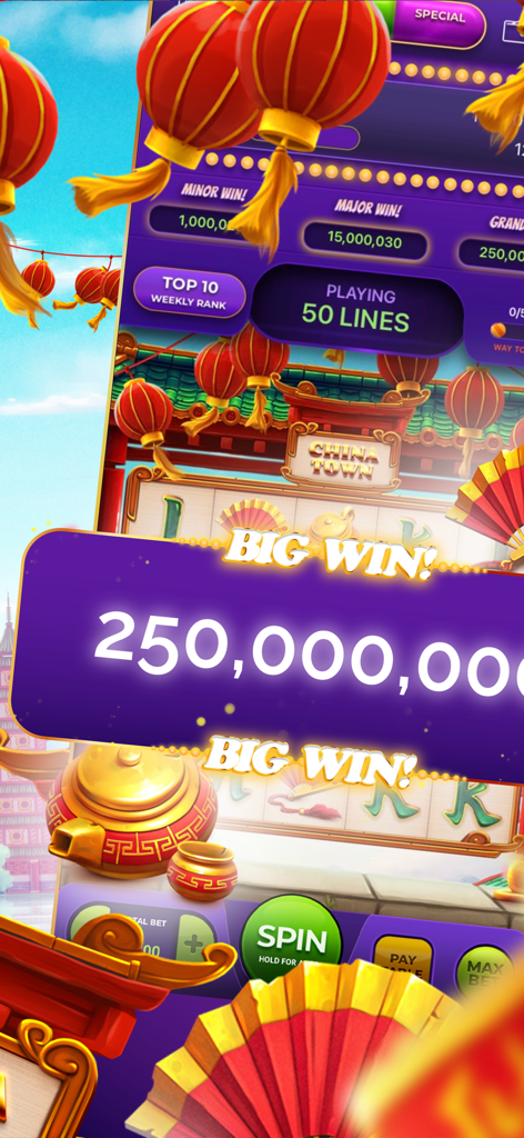 Portrait Slots™ : Vegas Casino - Notification de gros gain sur la machine à sous sur le thème de Chinatown dans Portrait Slots Vegas Casino