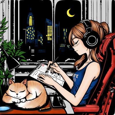 peaceful lofi girl sitting on her gaming chair with a calm atmosphere listening to jazz music with her black headphones. sitting sleepily on her lap is her white cat with blue eyes. she is journaling with an apple pencil on her ipad pro.  there is a window which has a sight of of beautiful city skyscrapers. it is night time