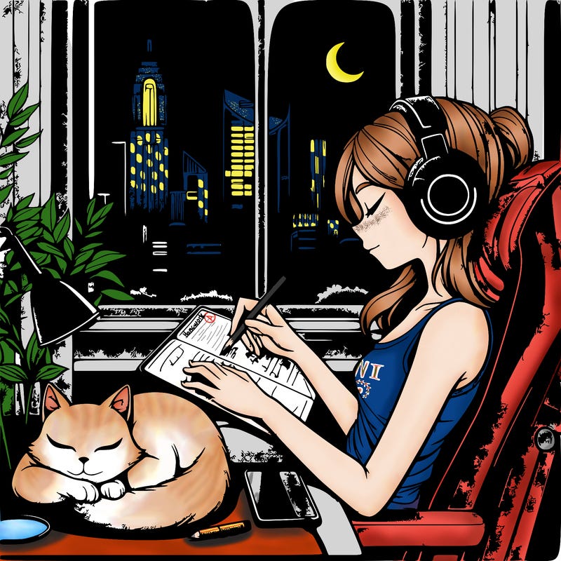 peaceful lofi girl sitting on her gaming chair with a calm atmosphere listening to jazz music with her black headphones. sitting sleepily on her lap is her white cat with blue eyes. she is journaling with an apple pencil on her ipad pro.  there is a window which has a sight of of beautiful city skyscrapers. it is night time