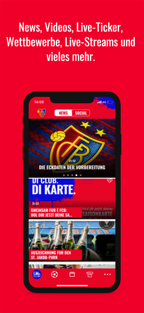 FC Basel 1893 - Mobile phone screen displaying the news and social feed of the FC Basel 1893 official app.