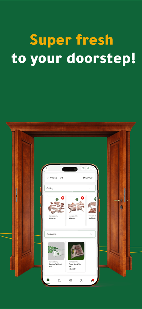 Zabehaty - ذبيحتي - Zabehaty app showing fresh meat customization options for doorstep delivery through an open door illustration.