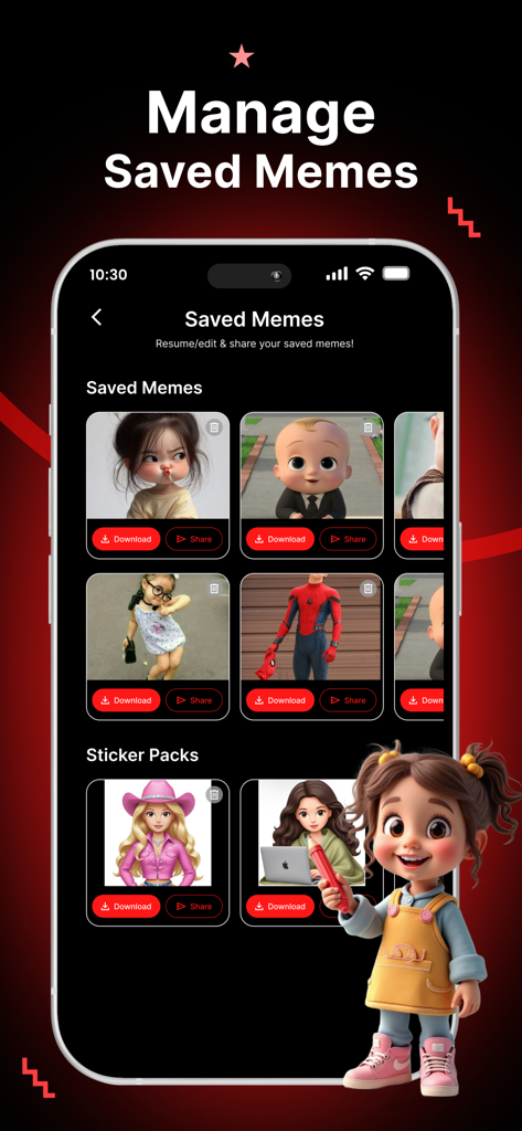 Pantalla de la app Red gifs mostrando memes y paquetes de stickers guardados con opciones para descargar y compartir