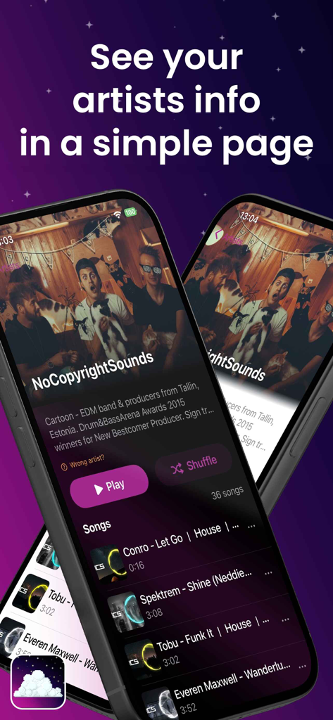 Cosmos : Offline Music Player - Cosmos app interface displaying a detailed artist info page with biography and song list