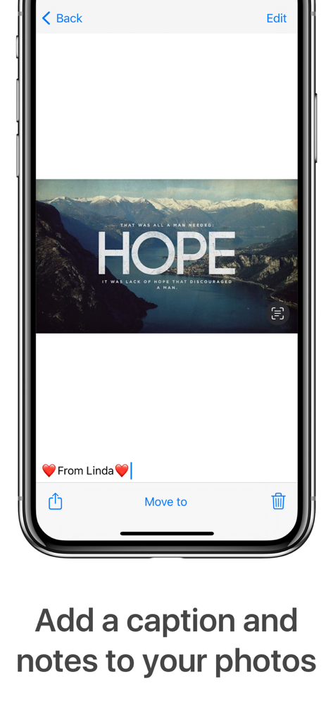 Añadir un pie de foto y notas a una foto en la aplicación de organización Utiful