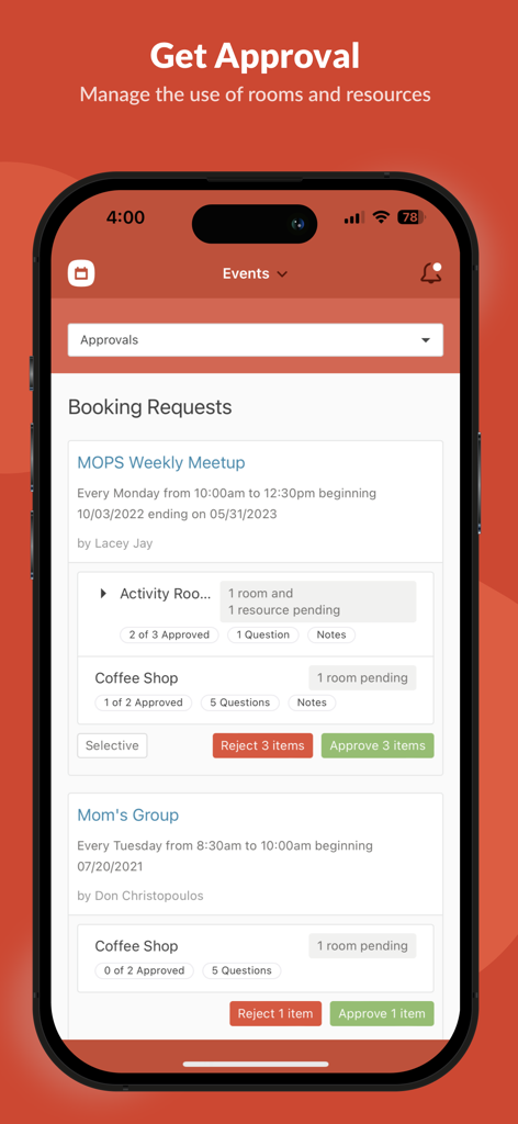 Mobile app interface showing booking requests for church rooms and resources awaiting approval