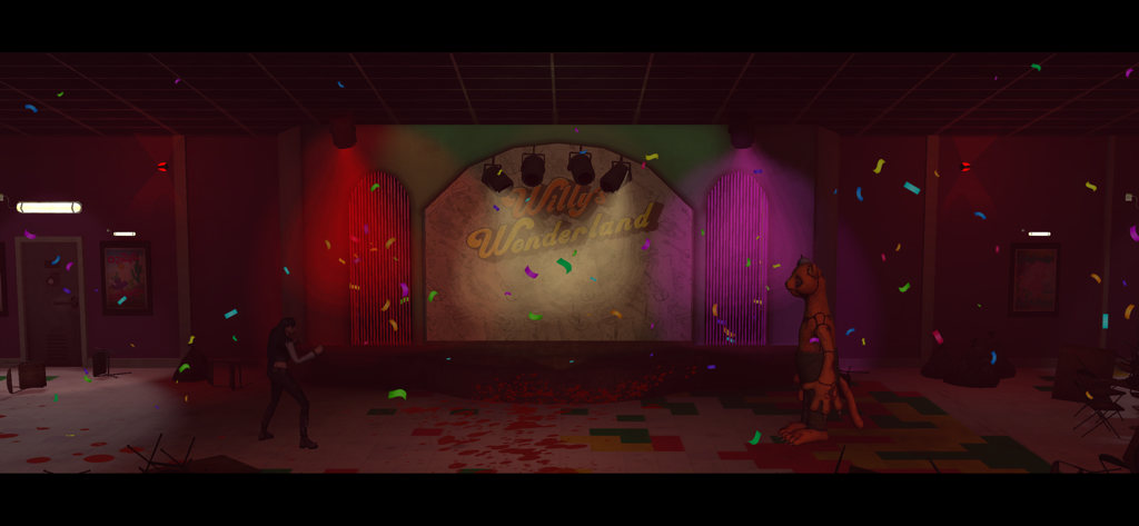 Willy's Wonderland - ウィリーズ・ワンダーランドのステージでの戦闘シーン。落下する紙吹雪と血痕。