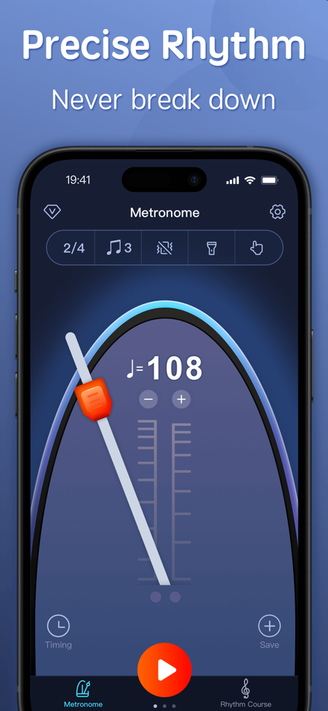 Metronome-Tempo,Beat,BPM - Professional metronome app interface with 108 BPM tempo and rhythm settings