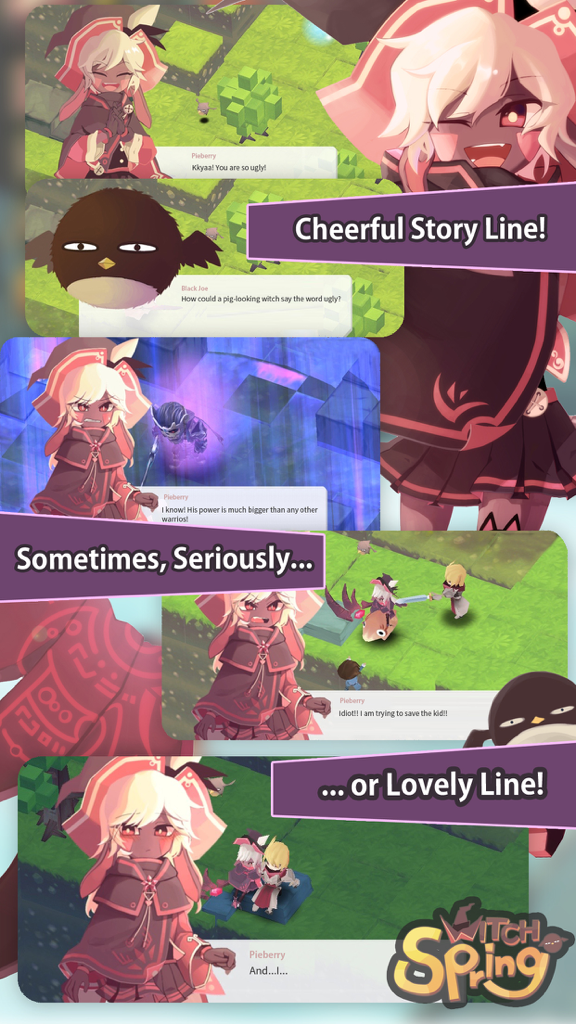 Collage of WitchSpring mobile RPG scenes highlighting cheerful and serious story moments