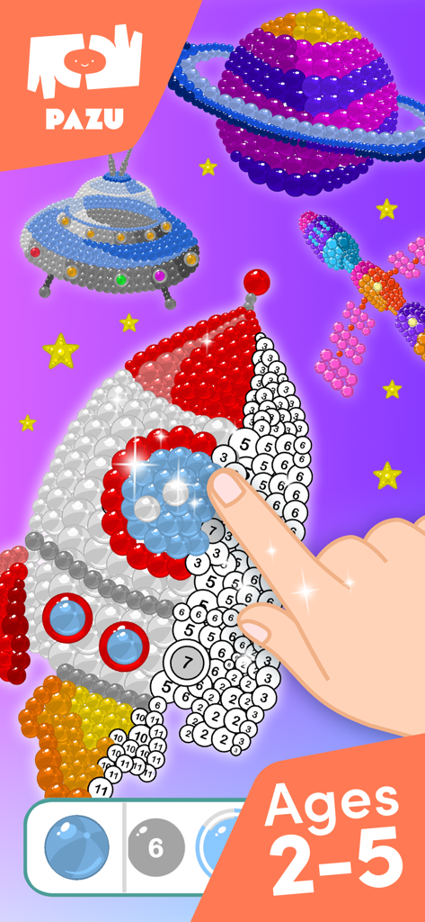 La mano de un niño coloreando un cohete numerado en una aplicación de colorear temática espacial para niños