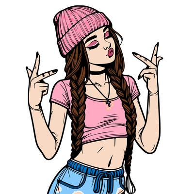 realistic teenage girl with braids and a beanie and crop top doing 🫶🏼