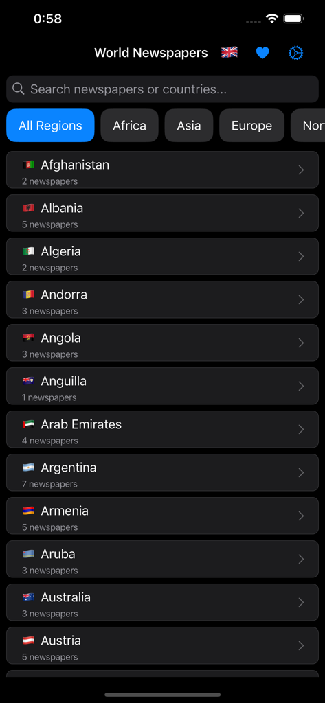 A searchable list of countries and the number of available newspapers by region in a dark mode interface.
