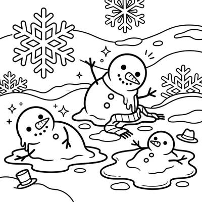 Dive into a delightful winter scene with these charming melting snowmen, specially designed for little artists. Featuring ultra-thick lines and simple shapes, this coloring page is perfect for toddlers to explore colors and boost their fine motor skills.