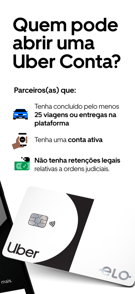 Uno schermo che elenca i requisiti per aprire un Uber Conta per autisti e partner di consegna.