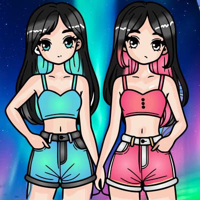 two sisters with crop tops and jean shorts and straight hair