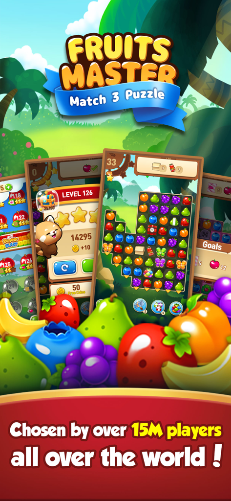 Fruits Master : Match 3 Puzzle - Colorful promotional banner for Fruits Master Match 3 Puzzle game featuring various fruits and gameplay screens.