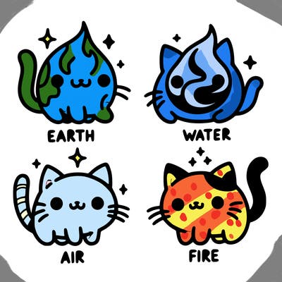 4 cats that represent the different elements, earth, water, air, and fire