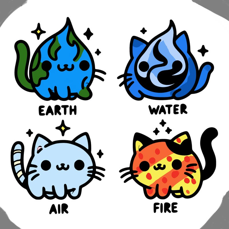4 cats that represent the different elements, earth, water, air, and fire