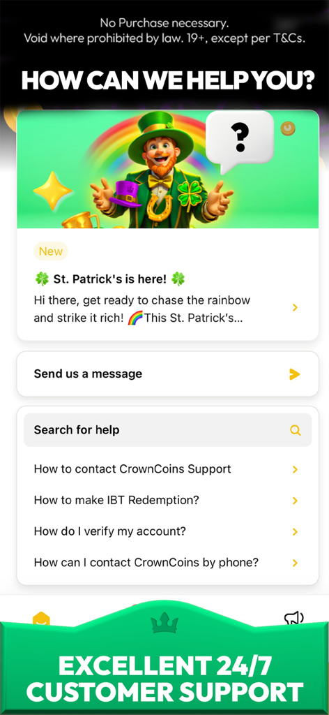 CrownCoins Casino customer support interface showing FAQ and 24/7 help options