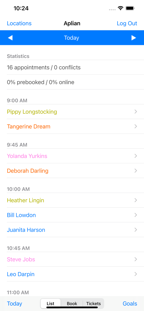Daily appointment schedule for a salon in the STX mobile app