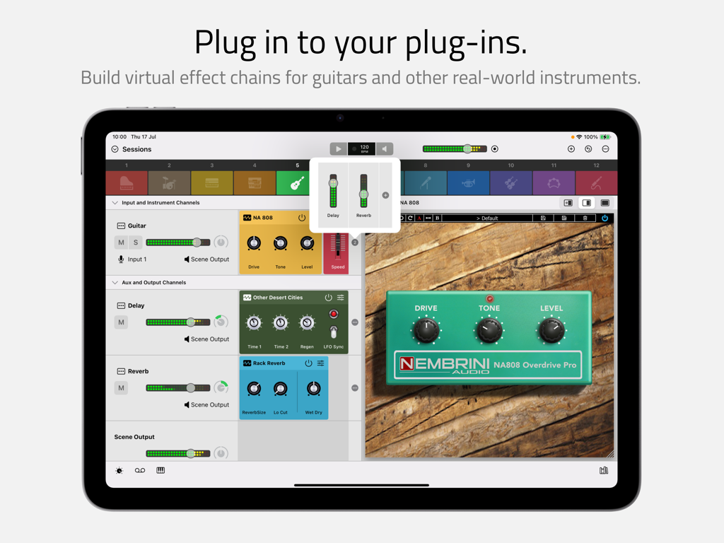 Sessions Plug-In Host interface on iPad showing a guitar effects chain and a virtual overdrive pedal