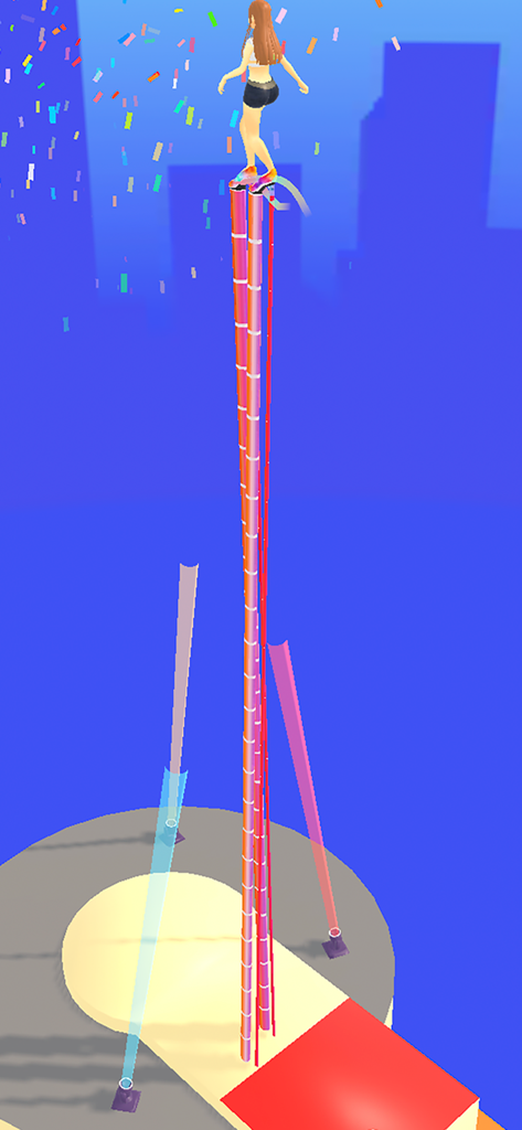 High heels - Running girl game - A girl character celebrating on top of a very tall stack of high heels with confetti