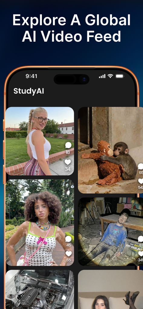 Pixverse AI Video Generator - Un écran mobile montrant un fil d'actualité mondial de vidéos générées par IA pour les créateurs de médias sociaux.