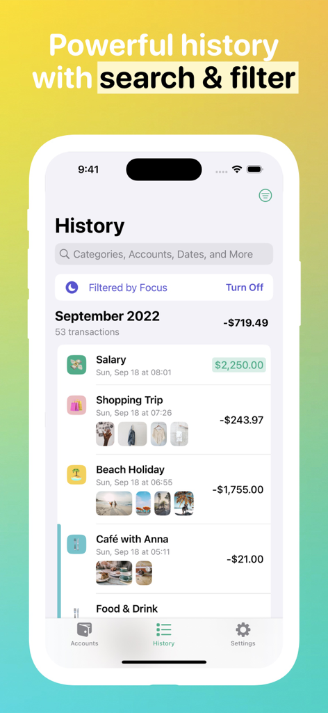 Fin - Budget Tracker - Fin Budget Tracker app transaction history screen showing expenses and search filters