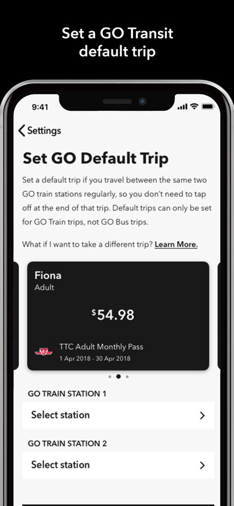 Setting a GO Transit default trip in the PRESTO app
