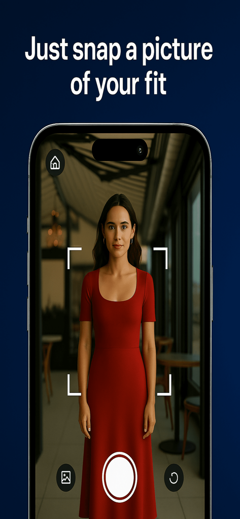 DRIP AI: Rate Your Fit - Smartphone displaying the Drip AI camera interface with a woman in a red dress for an outfit rating