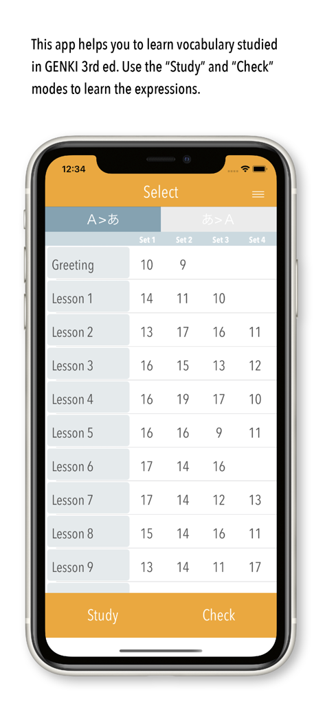 Lesson and set selection screen in the GENKI Vocab for 3rd Ed app for Japanese vocabulary study
