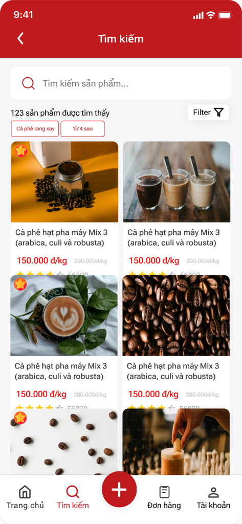 Chợ Cà Phê - Search results screen in the Cho Ca Phe app showing various wholesale coffee bean blends and prices for cafe owners