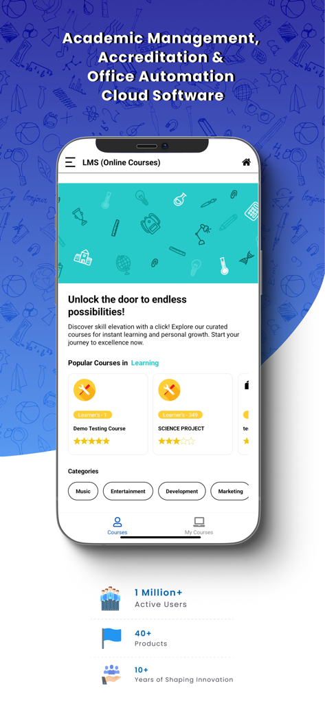 vmedulife mobile app showing the online courses interface and academic management features