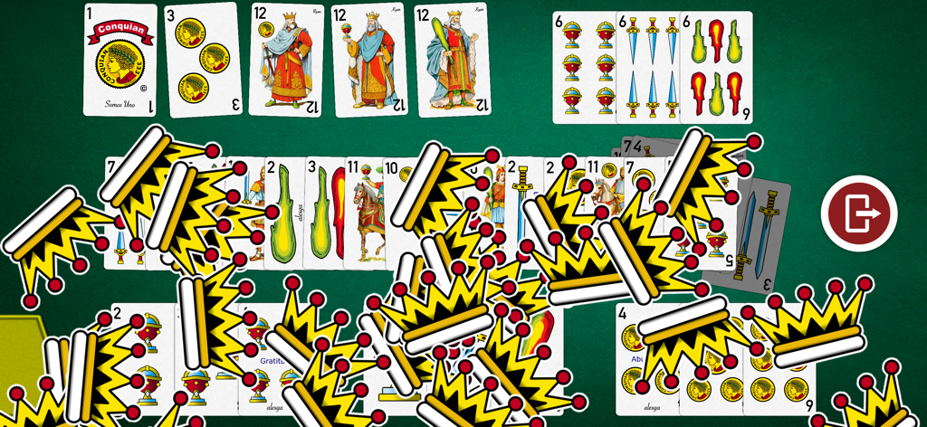 Victory screen of Conquian 333 card game with animated crowns over the playing cards on a green felt background