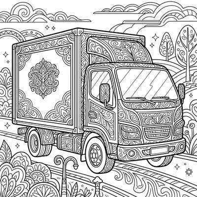 Embark on a unique coloring journey with this intricately designed delivery truck. Perfect for adults seeking detailed patterns and a mindful creative escape.