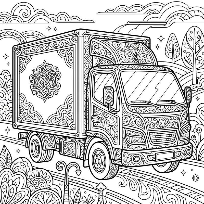 Embark on a unique coloring journey with this intricately designed delivery truck. Perfect for adults seeking detailed patterns and a mindful creative escape.