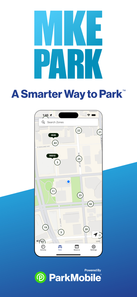 MKE Park - MKE Park 앱 인터페이스에 숫자 주차 구역과 '더 스마트한 주차 방법'이라는 태그라인이 표시된 밀워키 시 지도가 표시됨