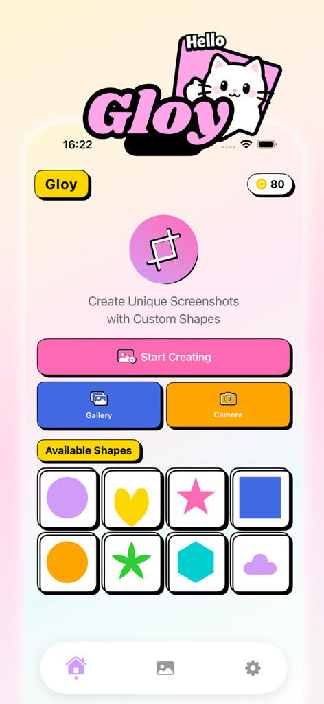 Gloy app home screen showing photo editing options and custom shape selection including hearts and stars.