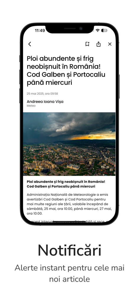 Interface de l'application d'actualités ePitești affichant un bulletin météorologique local et des alertes de notification.