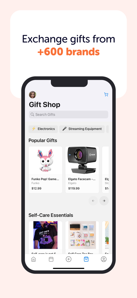Mobile app interface of the Throne Exchange Gift Shop showing popular gifts like a Funko Pop and Elgato Facecam from over 600 brands.