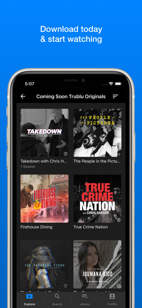Interface of the TruBlu app showing original true crime and investigative series featuring Chris Hansen.