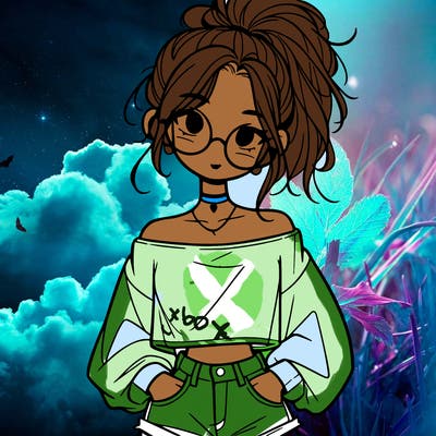 girl with a messy ponytail glasses a baggy crop top and jean shorts