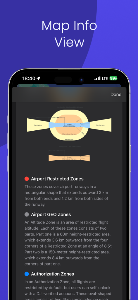 Map Info View showing drone flight restrictions and airport GEO zones diagrams