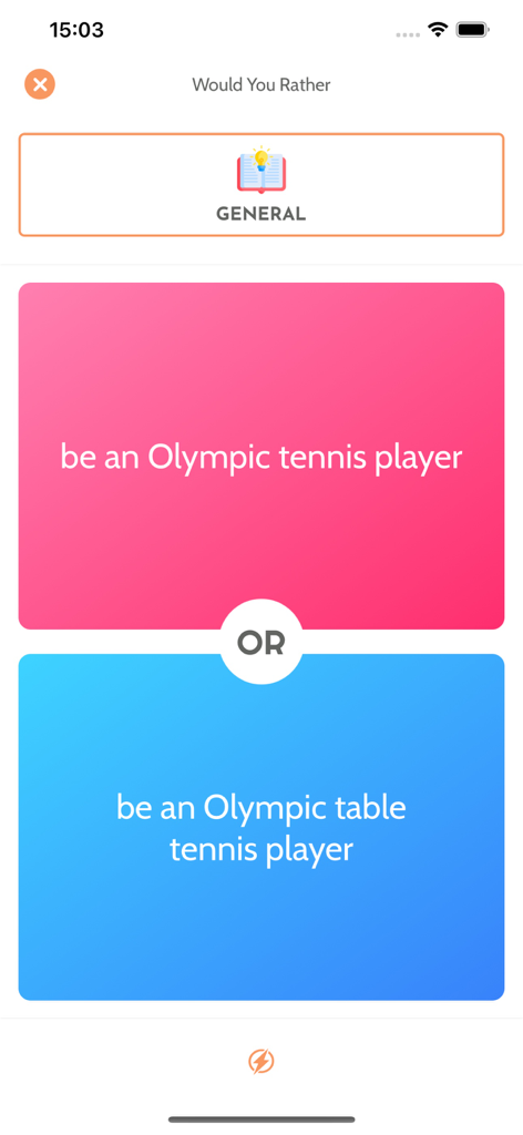 Random: Wheel & Randomizer - A screen from the Randomizer app showing a Would You Rather game with choices between Olympic tennis and table tennis