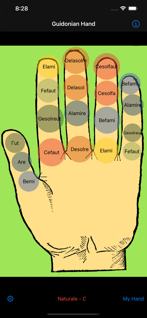 Guidonian Hand - A diagram of the Guidonian Hand showing medieval musical solmization syllables mapped to different finger joints and tips.