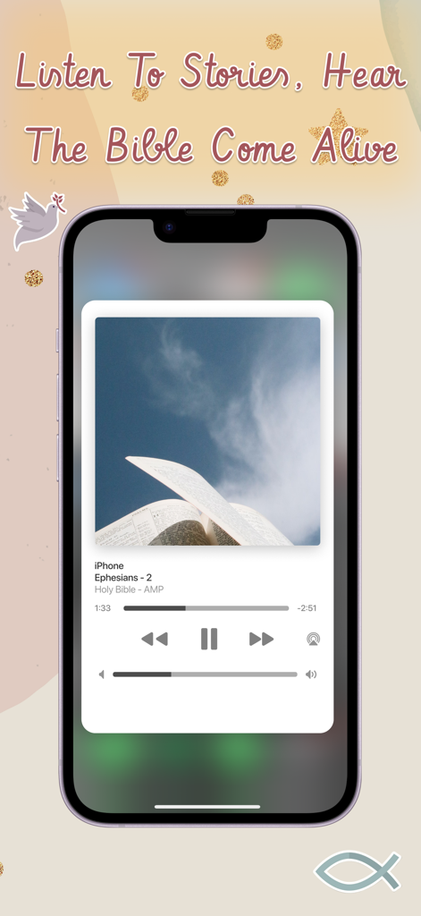 Smartphone affichant le lecteur audio de l'application BibleChatKids jouant une histoire biblique d'Éphésiens.